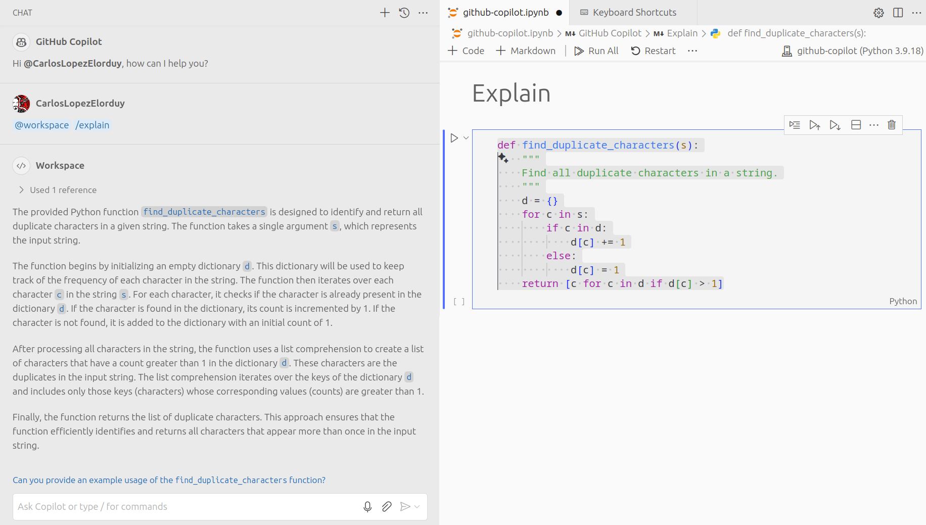 Example Github Copilot Explain Command