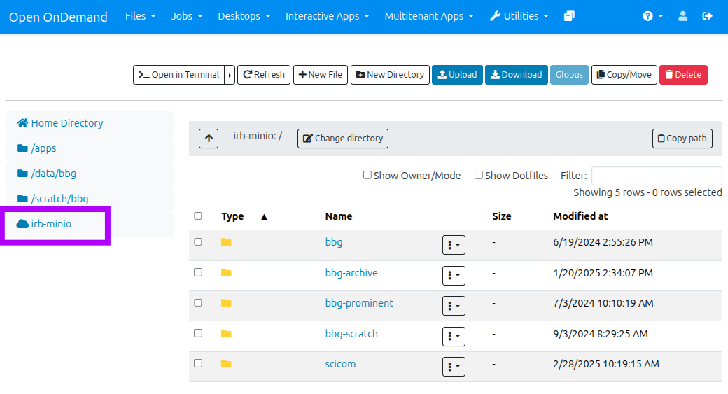 Open OnDemand S3 storage browser screenshot